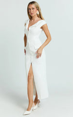 Calista Midi Dress - Boat Neck Button Down Pencil Dress in White