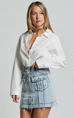 Gennlee Mini Skirt - Cotton Contrast Denim Skirt in Light Wash Blue