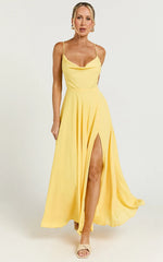 Celestine Midi Dress - Lace Up Back Cowl Neck Dress in Lemon