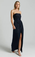 Hathaway Maxi Dress - Strapless Straight Neck Twist Front Split in Navy