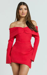 Cyrus Mini Dress - Off Shoulder Long Sleeve Fit And Flare Dress in Cherry