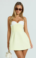 Anna Mini Dress - Contrast Neck Tulip Skirt Dress in Lemon and White