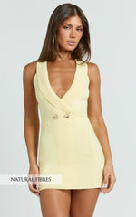 Melanie Mini Dress - Collared Halter Double Breasted Fitted Dress in Lemon