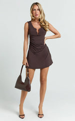 Rishanne Mini Dress - U Ruched Neck Cut Out Jersey Dress in Brown