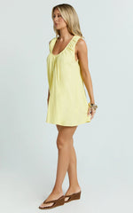 Lucinda Mini Dress - Deep U Gathered Neck Smock Dress in Lemon