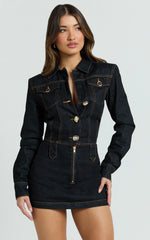 Fabia Mini Dress - Denim Hardware Button Front Fitted Shirt Dress in Dark Wash