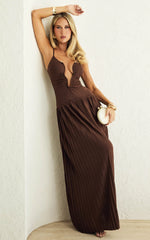 Hathaway Maxi Dress - U Shaped Neck Pleated Dress in Chocolate