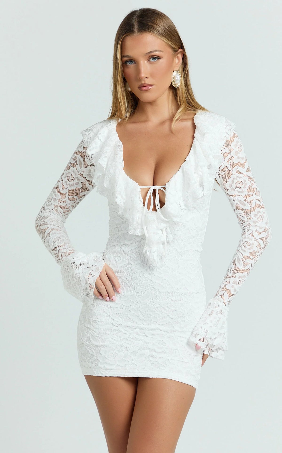 Fabienne Mini Dress - Ruffle Neck Long Sleeve Dress in White