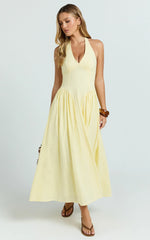 Athena Midi Dress - Halter Drop Waist Dress in Lemon