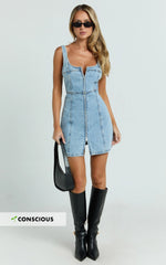 Chrysoula Mini Dress - Square Neck Zip Front Sleeveless Bodycon Denim in Light Blue Wash