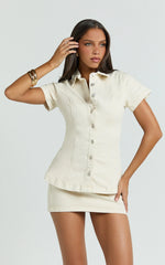 Paige Top - Button Down Short Sleeve Denim Top in Ecru
