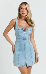 Chrysoula Mini Dress - Square Neck Zip Front Sleeveless Bodycon Denim in Light Blue Wash