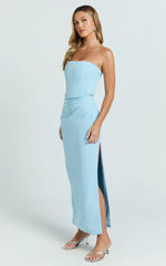 Avery Midi Dress - Strapless Draped Side Split Dress in Blue