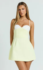 Anna Mini Dress - Contrast Neck Tulip Skirt Dress in Lemon and White
