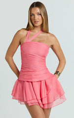 Deanna Mini Dress - Crinkle Halter Neck Asymmetric Tiered Dress in Coral