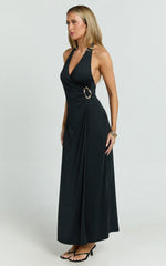 Roseville Maxi - Wrap Front Halter Dress with Hardware Detail in Black