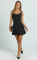 Rachel Midi Dress - Square Scoop Neck Buckle Pocket Leg Split Knee Length Dress in Black