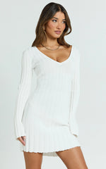 Carissa Mini Dress - V Neck Long Sleeve Knit Dress in White
