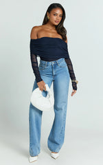 Jaythen Bodysuit - Long Sleeve Off Shoulder Ruched Mesh Bodysuit in Navy