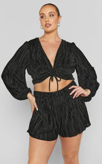 Jondra Blouse - Ruched Front Long Sleeve Plisse Blouse in Black