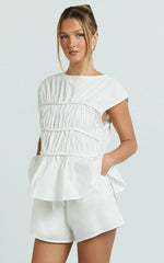 Alina Two Piece Set - Ruched Detail Top and Short Pants Set in White