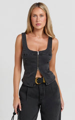 Bellerose Top - Front Zip Denim Fitted Top in Washed Black
