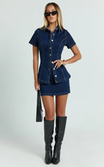 Paige Top - Button Down Short Sleeve Denim Top in Dark Blue Wash