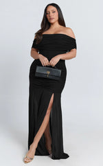 Alanna Maxi Dress - Off Shoulder Ruched Mesh Dress in Black
