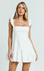 Miles Mini Dress - Ruffle Sleeve Tiered Dress in White
