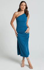 Monette Midi Dress - One Shoulder Straight Dress in Teal