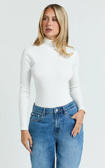 Isabela Bodysuit - High Neck Long Sleeve Ribbed Bodysuit in White