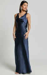 Adilah Maxi Dress - Cowl Neck Satin Dress in Navy