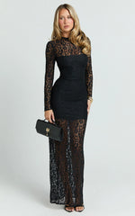Andrea Maxi Dress - Lace High Neck Long Sleeve Dress in Black