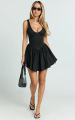 Ashlyn Mini Dress - Scoop Neck V Waist Gathered Dress in Black