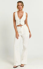Bree Pants - Linen Mid Rise Relaxed Straight Leg Tailored Trousers in White