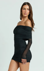 Imelda Mini Dress - Tipped Off Shoulder Long Sleeve Ruched Fitted Skirt Dress in Black