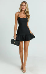 Sammie Mini Dress - Scoop Neck Hem Frill Fitted Dress in Black