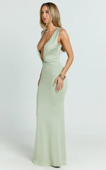 Alexa Maxi Dress - Plunge Cowl Neck Ruched Jersey Dress in Sage