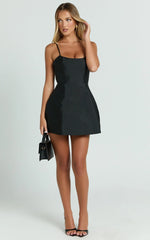 Carolina Mini Dress - Scoop Neck Panel Bodice Dress in Black