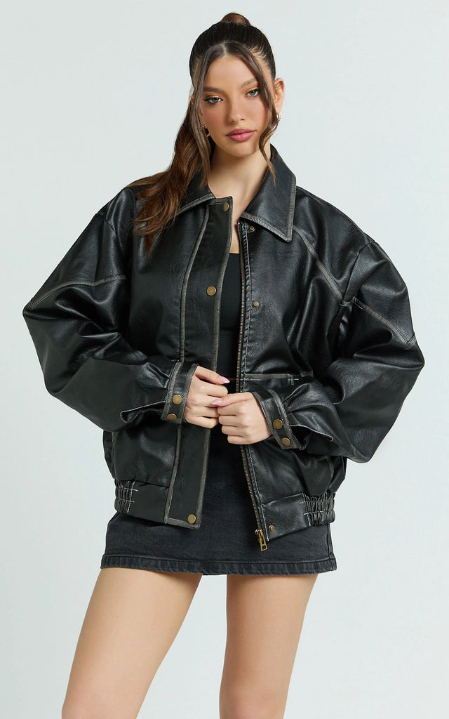 Gail Jacket - Faux Leather Bomber Jacket in Black – SANSDRESS