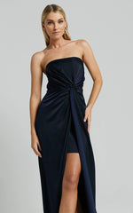 Hathaway Maxi Dress - Strapless Straight Neck Twist Front Split in Navy