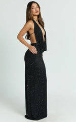 Felix Maxi Dress - Low Cowl Neck Bodycon Tie Back Dress in Black