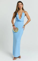 Farah Maxi Dress - Textured Jersey Plunge Bodycon Dress in Light Blue