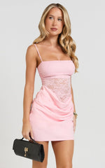 Rania Mini Dress - Square Neck Cowl Waist Lace Dress in Pink