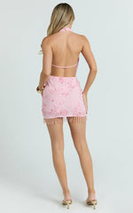 Ari Mini Dress - Fringe Beaded Dress in Light Pink