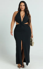 Rose Maxi Dress - Plunge Halter Front Split Dress in Black
