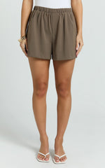 Peony Shorts - High Waist Gathered A Line Elastic Waist Shorts in Mocha