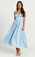 Dolores Midi Dress - Strappy Ruched Bust Corset Waist Dress in Blue