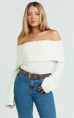 Darcie Top - Off Shoulder Long Sleeve Knitted Top in Cream