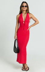 Arlette Midi Dress - Strappy V Neck Under Bust Gathered Tie Front Bias Slip Skirt Dress in Red
